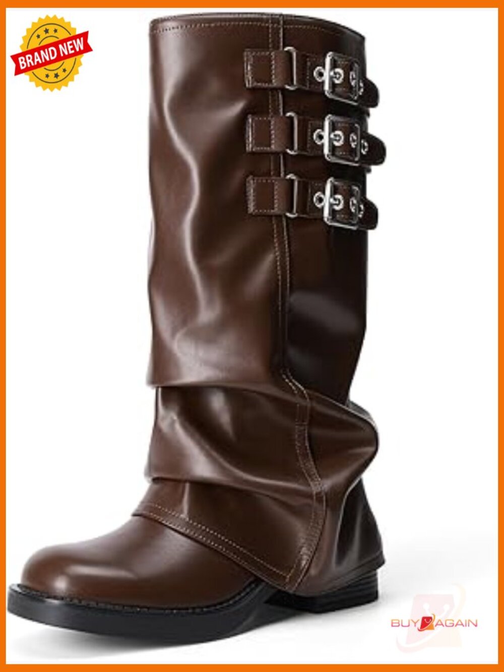 Fold-over Knee High Boots Low Heel Slouchy Buckle Wide Calf Pull-On